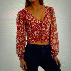 Free People V Neck long sleeve red ruched top size S